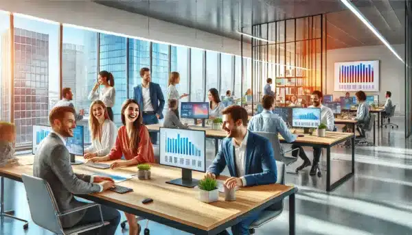 DALL·E-2024-07-20-13.01.25-A-photorealistic-image-of-a-modern-colorful-office-environment-with-happy-employees-working-successfully.-The-scene-includes-diverse-team-members-col-600x343.webp