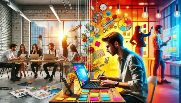 DALL·E-2024-07-20-13.15.12-A-photorealistic-image-showing-the-development-of-an-employee-from-routine-tasks-to-creativity-in-a-modern-colorful-office-environment.-On-the-left-s-600x343.webp